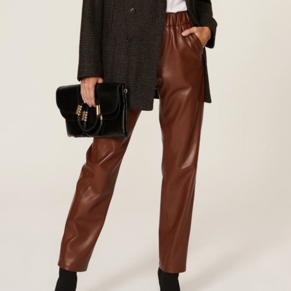 Anine Bing Faux Leather Straight Leg Pant in Brown Size Large